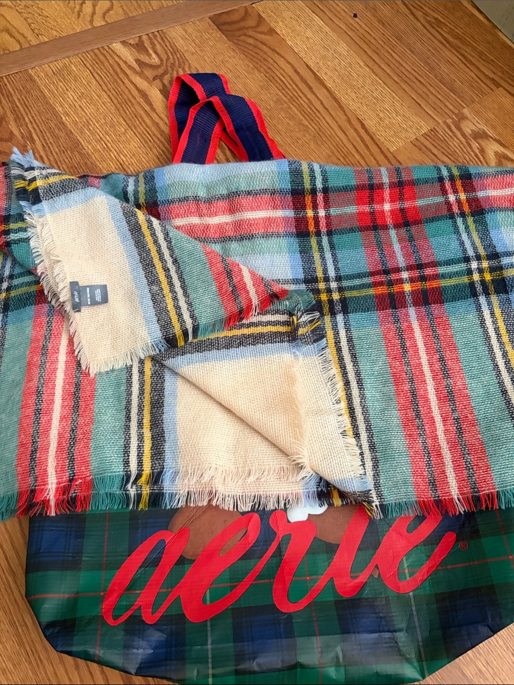 aerie Plaid Tote with Teal, Red and Cream Fringe Scarf
